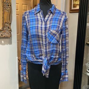 Free People Flannel Shirt High Low Back Blues Browns & Cream Plaid XS VGUC